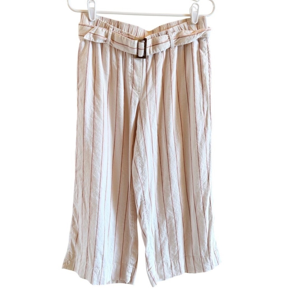 J Jill Linen Petite S Striped Cropped Stretch Wide Leg Pants Belted Lined